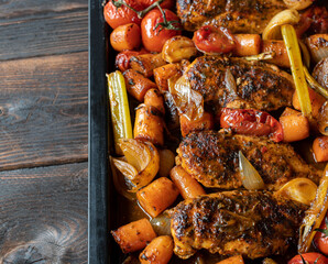 Wall Mural - Sheet pan roast chicken breast with vegetables on a baking tray