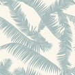 Fashionable seamless tropical pattern with palm silhouette, tropical leaves on a beige background. Beautiful exotic plants. Trendy summer Hawaii print. 