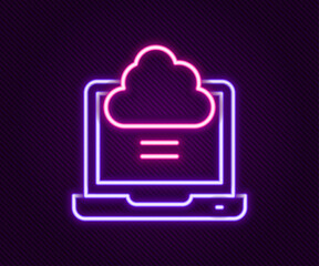 Sticker - Glowing neon line Network cloud connection icon isolated on black background. Social technology. Cloud computing concept. Colorful outline concept. Vector