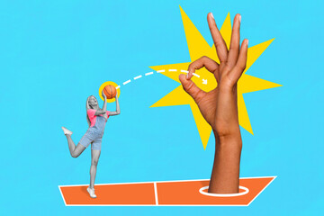 Wall Mural - Photo artwork minimal picture of sporty lady throwing ball okey arm basket isolated drawing background