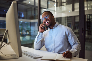 Poster - Phone call, notebook and computer black businessman at office planning, and writing success strategy for accounting company. South African corporate person work on 5g mobile smartphone, pc and notes