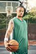 © C Coetzee/peopleimages.com - Basketball portrait, sports game and man training for professional fitness event on court during summer. African athlete with determination doing cardio during sport exercise for competition
