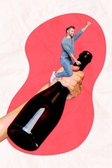 Sticker - Artwork magazine picture of smiling funny funky guy riding big bottle isolated drawing background