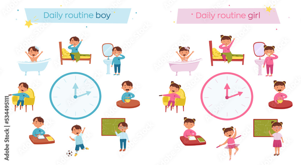 A cute boy and girl daily routine. Children in different situations ...