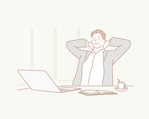 Wall Mural - A time for relax. Young, happy businessman is relaxing in his office. Hand drawn style vector design illustrations. 
