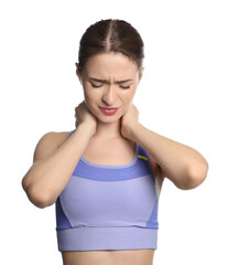 Sticker - Young woman suffering from neck pain on white background