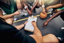 Basketball, Strategy And Team With A Sports Coach Talking To A Team While Planning Tactics On A Clipboard And Hands. Teamwork, Fitness And Exercise With A Player And Teammates Listening At Training
