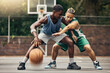 © Clement Coetzee/peopleimages.com - Basketball sport, outdoor game and men training on court for professional event with energy together. Athlete team playing fast sports in collaboration with action for exercise, workout and health