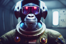 3D Render. A Monkey In A Futuristic Suit Uses A VR Helmet. Futuristic Space Portal Hero