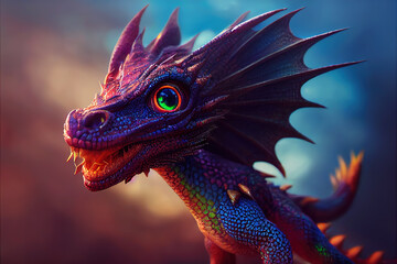 Wall Mural - 3 d render. Cute little dragons, different rainbow colors. Fantastic animals, in a cartoon style.