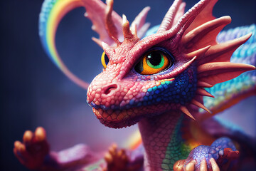 Wall Mural - 3 d render. Cute little dragons, different rainbow colors. Fantastic animals, in a cartoon style.