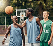 © Clement Coetzee/peopleimages.com - Team, basketball and sports court training young men for fitness, workout and balance ball exercise together at game. Healthy, active and sports Athlete people teamwork and motivation for fun match
