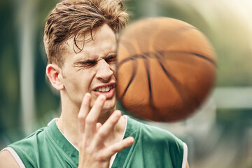 sports, basketball and accident with face in game match on athlete court for tournament training. in