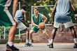 © C Coetzee/peopleimages.com - Basketball, team sport and competition for male athletes and players in training or professional match on an outdoor fitness court. Diversity, competitive and skill of men playing a ball game in USA