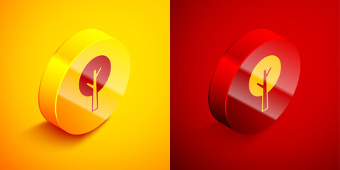 Poster - Isometric Tree icon isolated on orange and red background. Forest symbol. Circle button. Vector