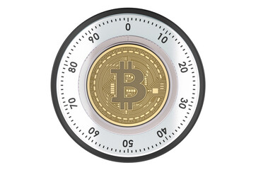Poster - safe lock with bitcoin. bitcoin cryptocurrency security and protection concept. 3d rendering
