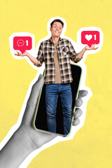 Poster - Composite collage image of young man holding social media notifications bubbles like comment message smartphone influencer blogger