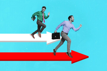 Aufkleber - Creative collage image of two mini people black white colors running drawing arrow direction compete isolated on blue background