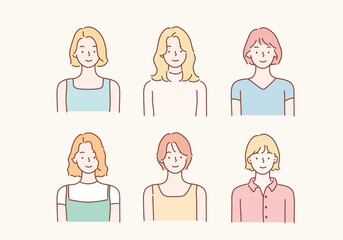 Collection of profile portraits or heads of  female cartoon characters with various hairstyles. Hand drawn style vector design illustrations.