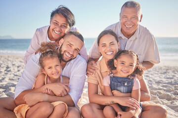 Sticker - Summer, love and big family in Hawaii at the beach enjoy the sun, freedom and happy summer holiday together. Smile, grandparents and mother with father carrying young children at sea in a portrait