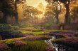 paradise enchanted garden with stream flow through fantasy digital illustration
