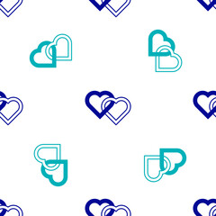 Sticker - Blue Two Linked Hearts icon isolated seamless pattern on white background. Romantic symbol linked, join, passion and wedding. Valentine day. Vector