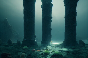 Wall Mural - ruined lost city underwater fantasy 3d illustration