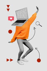 Collage magazine image of freak person with modern netbook face dance active like on painting white color background