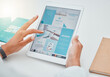 © Clement Coetzee/peopleimages.com - Hands, tablet and contact us with healthcare marketing or advertising on a website in the medical industry. Health, medicine and insurance with ux design on a wireless technology screen in a hospital