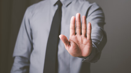 man hand stop sign, warning concept, refusal, caution, symbolic communication, preventing subsequent problems