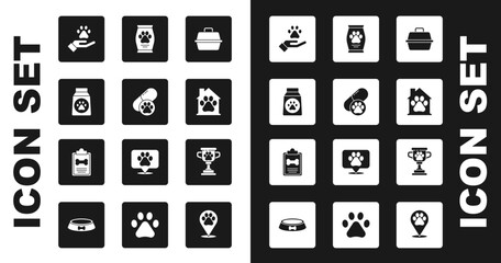 Poster - Set Pet carry case, Dog pill, Bag of food, Hands with animals footprint, house, award and Clinical record pet icon. Vector