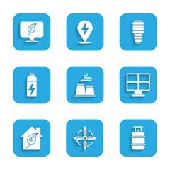 Poster - Set Factory, Wind turbine, Propane gas tank, Solar energy panel, Eco friendly house, Battery, LED light bulb and Location with leaf icon. Vector