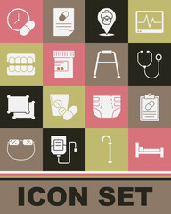 Poster - Set Bed, Medical prescription, Stethoscope, Nursing home, Medicine bottle and pills, False jaw, or tablet and Walker icon. Vector