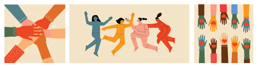 Women friendship group. Diverse female team standing together, holding hands, girls power, multinational sisterhood community vector illustration. Friendship group females, people diversity