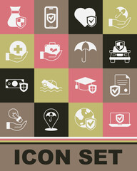 Canvas Print - Set Insurance online, Contract with shield, Car insurance, Life, Travel suitcase hand, Money bag and Umbrella icon. Vector