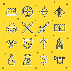 Poster - Set line Trumpet with flag, Medieval throne, castle gate, bow and arrow, Crossed medieval spears, Wooden four-wheel cart, King crown and sword icon. Vector