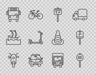 Poster - Set line Scooter, Speed limit traffic, Road signpost, Car, Bus, Delivery cargo truck and Parking icon. Vector