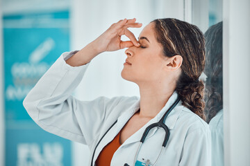 Wall Mural - Stress, anxiety and depression doctor in a hospital or clinic suffering from sad, challenge and fail. Woman healthcare or medical worker with mental health, frustrated and headache from work burnout