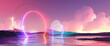 3d render, abstract fantasy panoramic background. Fantastic scenery wallpaper. Seascape with calm water under the pink sunset sky with clouds. Round mirrors and neon arch