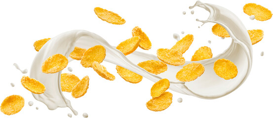 Wall Mural - Falling corn flakes with milk splash isolated