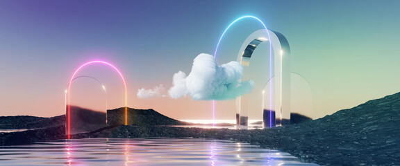 Wall Mural - 3d render, abstract panoramic background. fantastic landscape with water, rocks, mirror arch, neon f