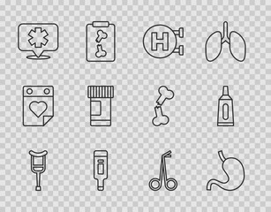 Poster - Set line Crutch or crutches, Human stomach, Hospital signboard, Digital thermometer, Medical symbol of Emergency, Medicine bottle and pills, scissors and Ointment cream tube medicine icon. Vector