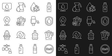 Sticker - Set line Chemical formula for H2O, Water jug with filter, Waterproof, Recycle clean aqua, drop location, and Mechanical pump water icon. Vector