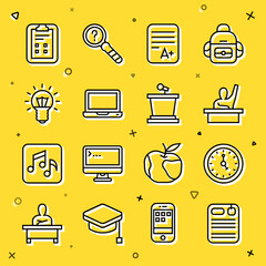 Poster - Set line Dossier folder, Clock, Male kid raising hand, Exam sheet with A plus grade, Laptop, Light bulb, check mark and Stage stand icon. Vector