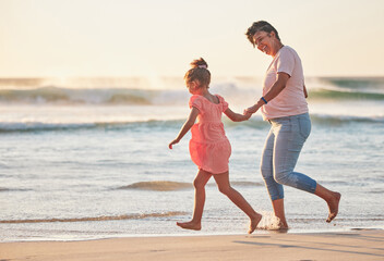 Poster - Family, child and grandma running on beach vacation having fun, energy and adventure with mature and girl holding hands on tropical summer trip. Active grandparent and happy kid traveling by the sea