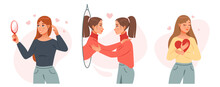 Self Love Concept. The Girl Admires Her Reflection In The Mirror. The Girl Embraces The Heart. Mental Health. Cartoon Vector Illustration