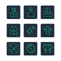 Sticker - Set line Paddle, Compass, Sport mechanical scoreboard, Yacht sailboat, Aqualung, Life jacket, Wetsuit for scuba diving and Boat with oars icon. Vector