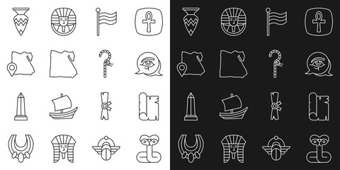 Canvas Print - Set line Snake, Papyrus scroll, Eye of Horus, Flag Of Egypt, Map, Egyptian vase and Crook icon. Vector