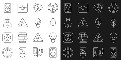 Poster - Set line Music player, Creative lamp light idea, Leaf Eco symbol, Solar energy panel, High voltage, Electrician, Ampere meter, multimeter and Light bulb with leaf icon. Vector