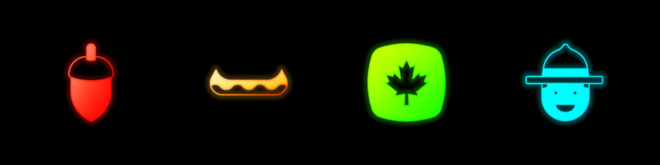 Wall Mural - Set Acorn, Kayak, Canadian maple leaf and ranger hat icon. Vector